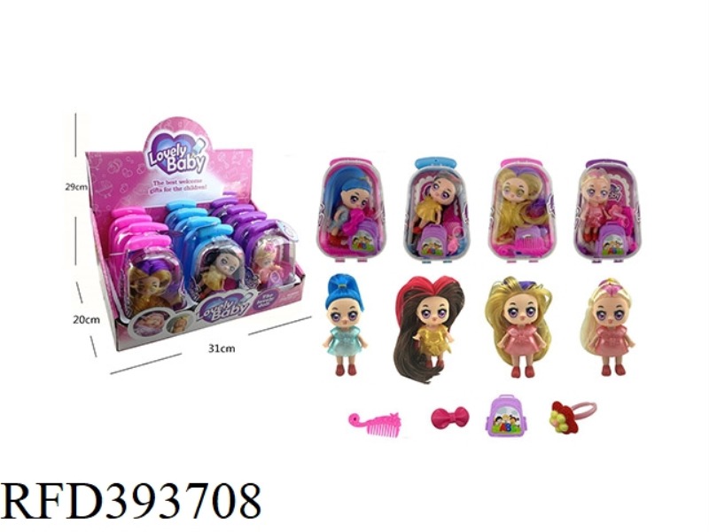 BARBIE TROLLEY CASE WITH COMB, BOWKNOT, SCHOOL BAG, FLOWER CLIP, FOUR MIXED 12PCS