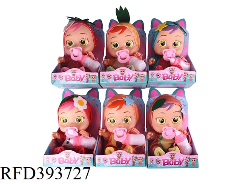 14-INCH ENAMEL TAPE CONCERT TEARS FRUIT CRYING DOLL WITH MILK BOTTLE PACIFIER SIX MIXED PACKS (WATER