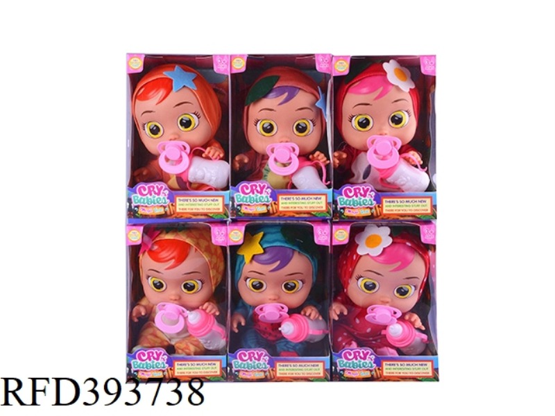 14-INCH ENAMEL TAPE CONCERT TEARS FRUIT CRYING DOLL WITH MILK BOTTLE PACIFIER SIX ASSORTMENTS (WATER
