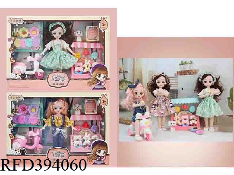 12 INCH 30 CM 21 JOINTS REAL BODY 3D REAL EYES SMALL MOTORCYCLE + DONUT SHOP + TABLEWARE + PET DOG L