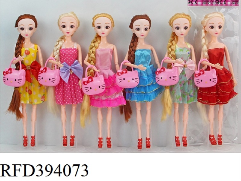 11.5 INCH 30 CM 11 JOINTS SOLID BODY 3D REAL EYES LONG BRAIDED BARBIE DOLL WITH HELLOKITTY BAG