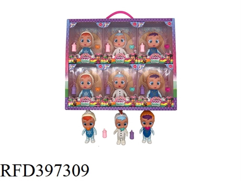 4.5-INCH OIL SPRAY SOLID BODY CRYING DOLL ICE AND SNOW TYPE WITH ACCESSORIES (3 TYPES ASSORTED) 6PCS