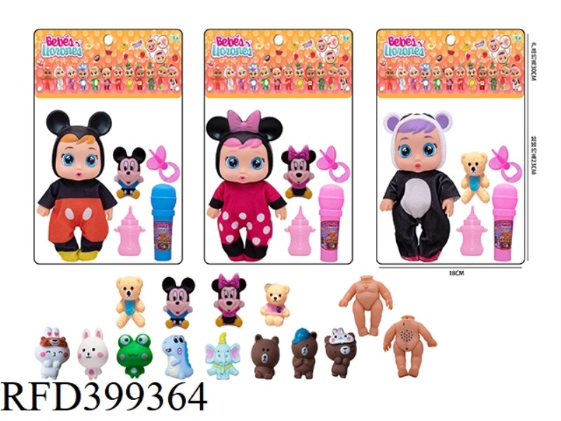 3 MODELS OF 8 INCH VINYL HAND STRAP WITH 4 TEARS, MICKEY MINNIE CRYING DOLL MIXED