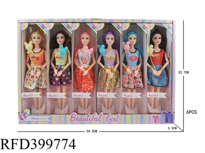 11 INCH SOLID BODY NINE JOINT THIGH BARBIE DOLL WITH BALLOON 6PCS