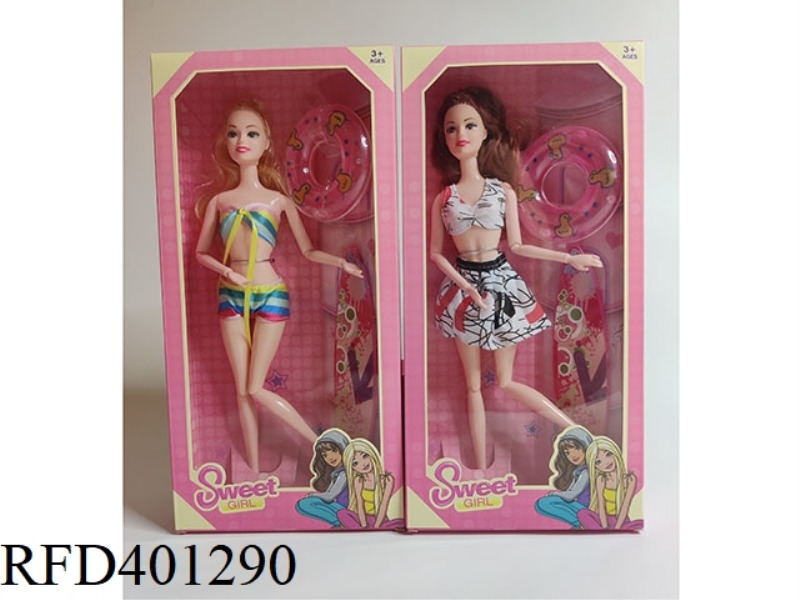 11 INCH ARTICULATED HEAVY BODY BARBIE SWIMSUIT GIRL WITH SWIMMING RING + SURFBOARD TWO MIXED OUTFITS