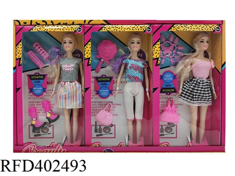 11.5-INCH REAL-LIFE FASHION SHORT SKIRT BARBIE WITH BRACELET AND HAIRPIN. SHOES, BAG ACCESSORIES 6PC