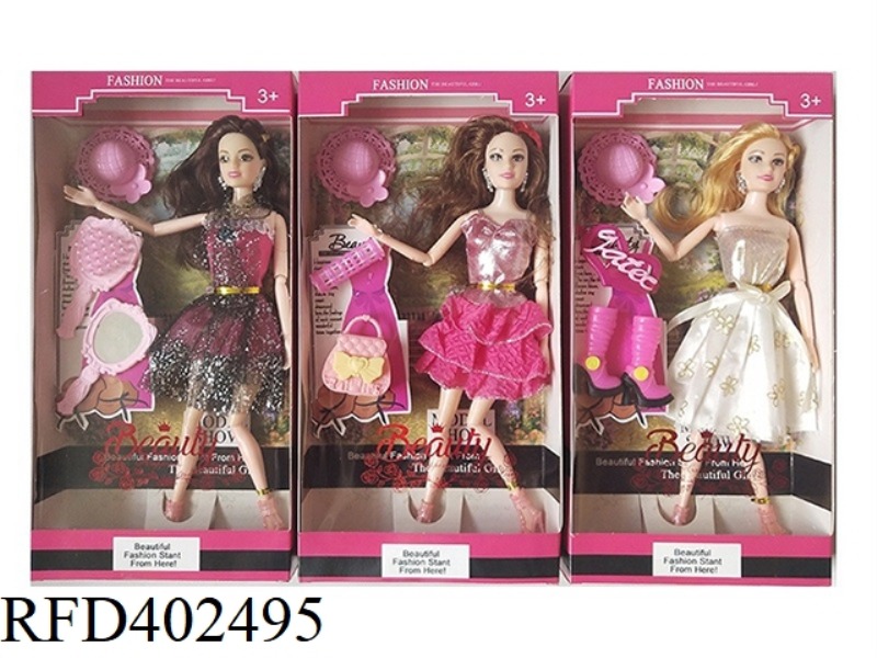 11.5-INCH SOLID BODY 11-JOINT FASHION SHORT SKIRT BARBIE WITH EARRINGS, MIRROR, COMB, HAT, HAIRPIN,