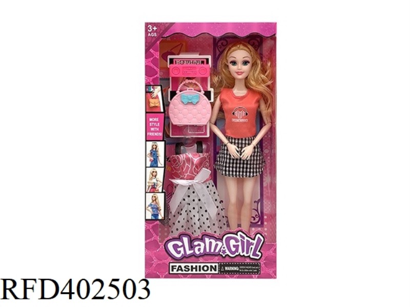 11.5-INCH SOLID BODY 9-JOINT FASHION SHORT SKIRT BARBIE WITH RADIO, CLOTHES HANGING, BAG ACCESSORIES