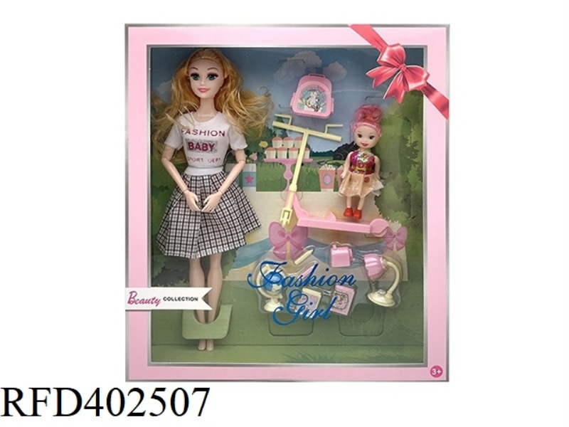 11.5-INCH SOLID BODY 9-JOINT FASHION SHORT SKIRT BARBIE WITH SCHOOL BAG, SCOOTER, BABY, TABLE LAMP A