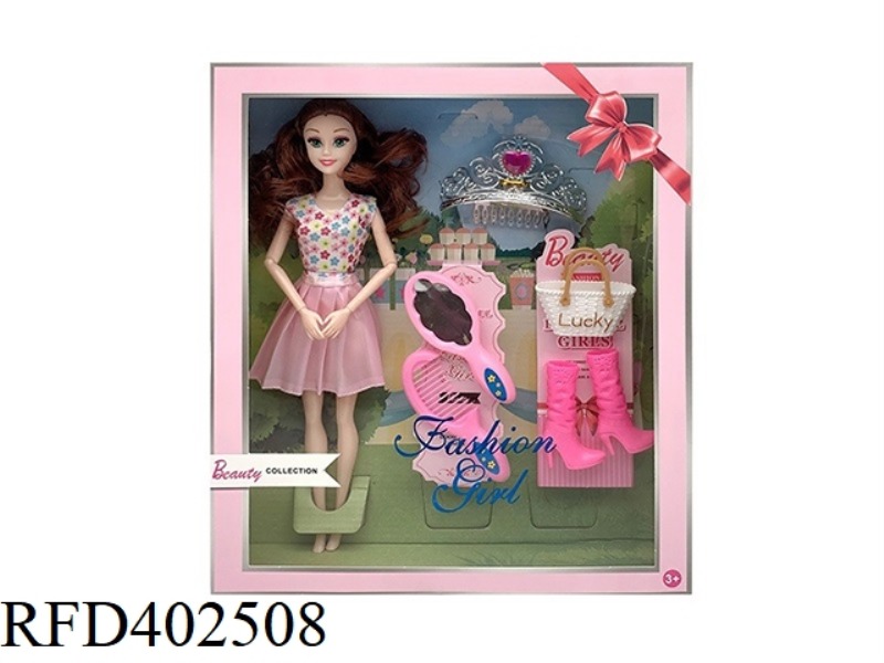 11.5-INCH SOLID BODY 9-JOINT FASHION SHORT SKIRT BARBIE WITH COMB, MIRROR, HANDBAG, HAIR FORK, SHOE