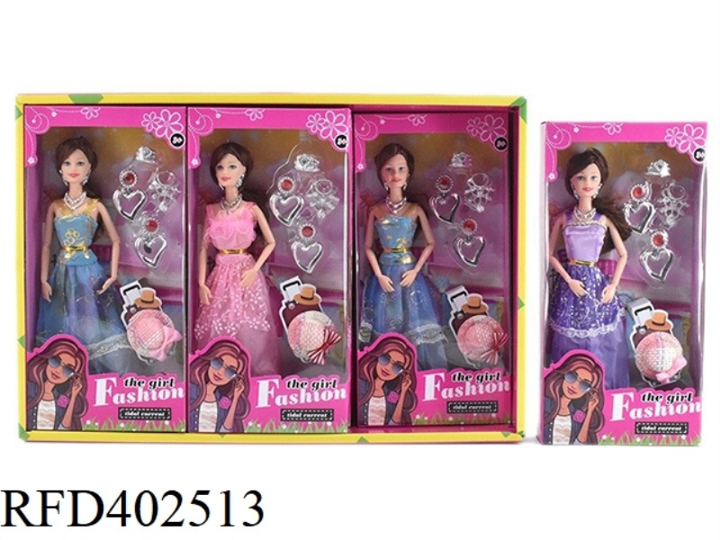 11.5-INCH SOLID BODY 9-JOINT FASHION SHORT SKIRT BARBIE WITH EARRINGS, NECKLACES, HATS, JEWELRY BLIS