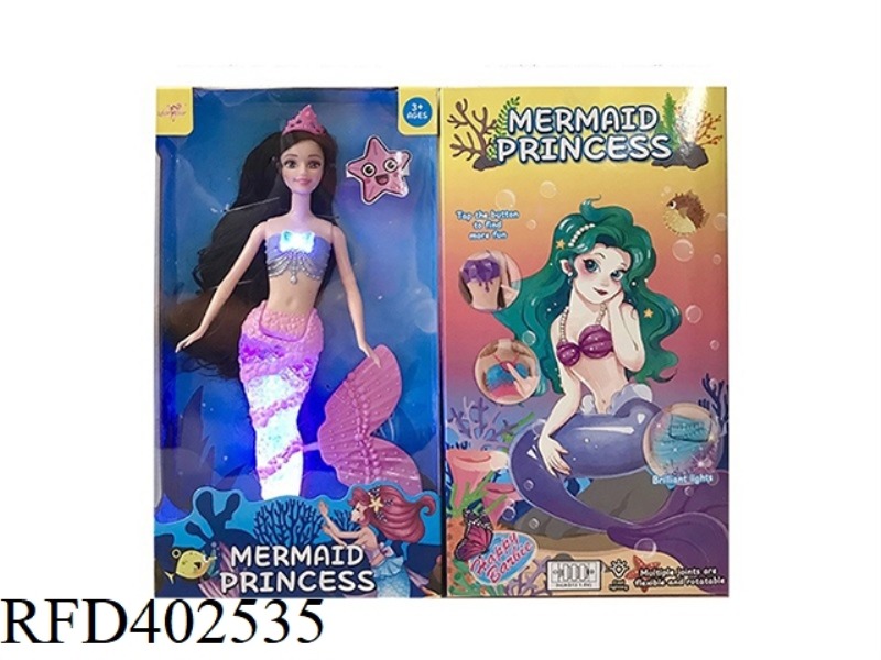 14 INCH SOLID MERMAID PRINCESS WITH LIGHTS, MUSIC, BATTERY PACK, AND CROWN ACCESSORIES