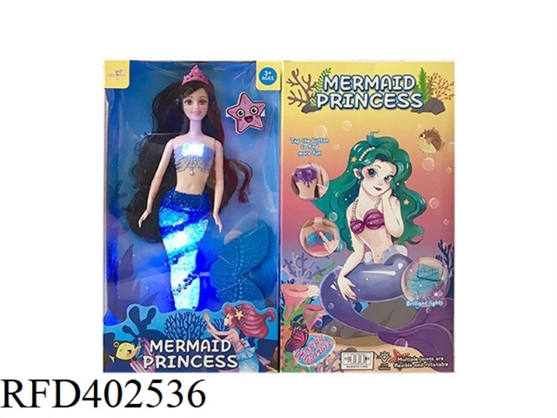 14 INCH SOLID MERMAID PRINCESS WITH LIGHTS, MUSIC, BATTERY PACK, AND CROWN ACCESSORIES