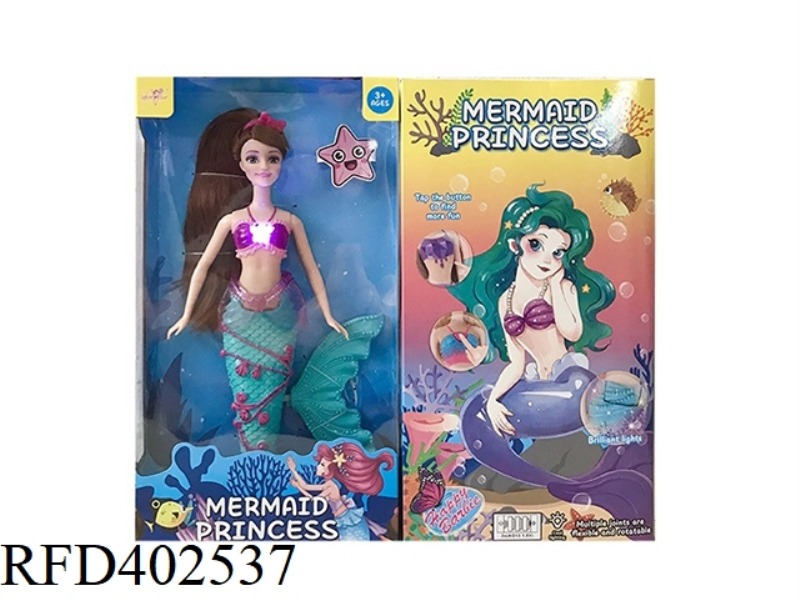 14 INCH SOLID MERMAID PRINCESS WITH LIGHTS, MUSIC, BATTERY PACK, AND CROWN ACCESSORIES