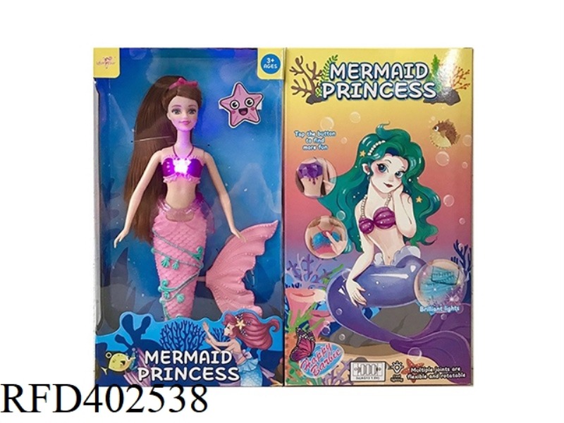 14 INCH SOLID MERMAID PRINCESS WITH LIGHTS, MUSIC, BATTERY PACK, AND CROWN ACCESSORIES