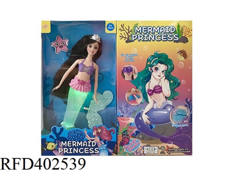14 INCH SOLID MERMAID PRINCESS WITH LIGHTS, MUSIC, BATTERY PACK, AND CROWN ACCESSORIES