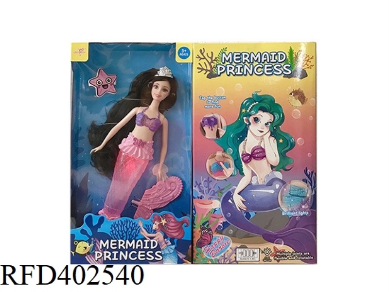 14 INCH SOLID MERMAID PRINCESS WITH LIGHTS, MUSIC, BATTERY PACK, AND CROWN ACCESSORIES