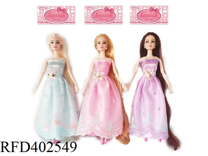 11.5 INCH SOLID BODY 9-JOINT LONG HAIR PRINCESS DRESS BARBIE WITH EARRINGS ACCESSORIES 3 ASSORTED