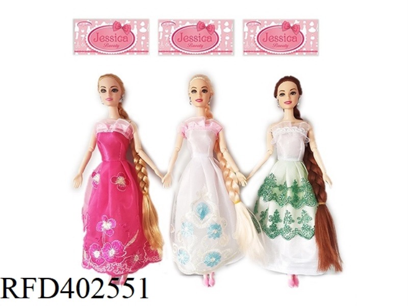 11.5 INCH SOLID BODY 9-JOINT LONG HAIR PRINCESS DRESS BARBIE WITH EARRINGS ACCESSORIES 3 ASSORTED
