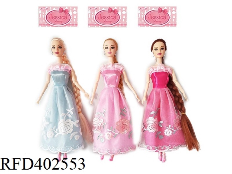 11.5 INCH SOLID BODY 9-JOINT LONG HAIR PRINCESS DRESS BARBIE WITH EARRINGS ACCESSORIES 3 ASSORTED