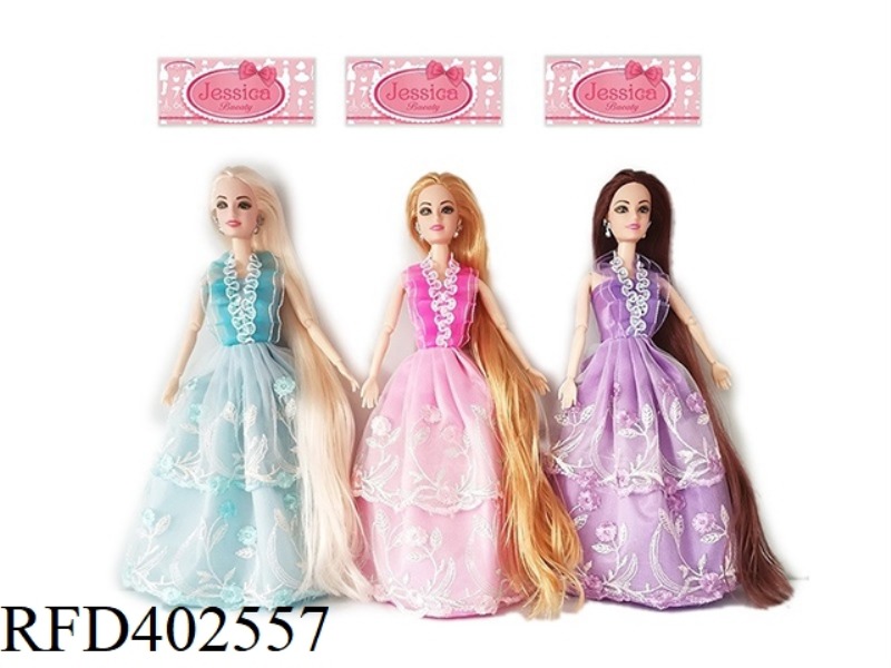 11.5 INCH SOLID BODY 9-JOINT LONG HAIR PRINCESS DRESS BARBIE WITH EARRINGS ACCESSORIES 3 ASSORTED