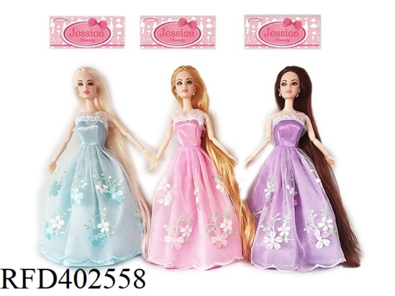11.5 INCH SOLID BODY 9-JOINT LONG HAIR PRINCESS DRESS BARBIE WITH EARRINGS ACCESSORIES 3 ASSORTED