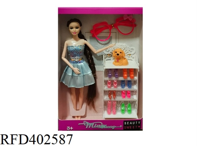 11.5-INCH SOLID BODY 9-JOINT FASHION SHORT SKIRT BARBIE WITH GLASSES, PET DOG, SHOE CABINET ACCESSOR
