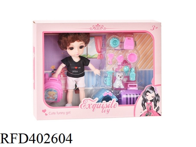 6-INCH 12-JOINT REAL BODY 3D REAL EYEBALL WEDDING DRESS YE LUOLI DOLL WITH SCHOOL BAG, PET DOG BLIST