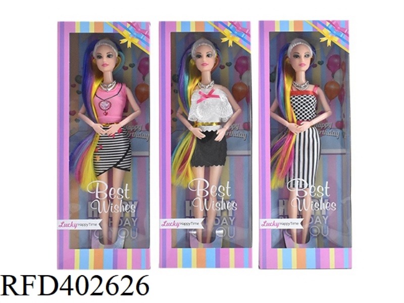11.5 INCH SOLID BODY 9 JOINTS LONG HAIR FASHION SHORT SKIRT BARBIE WITH NECKLACE 3 ASSORTED