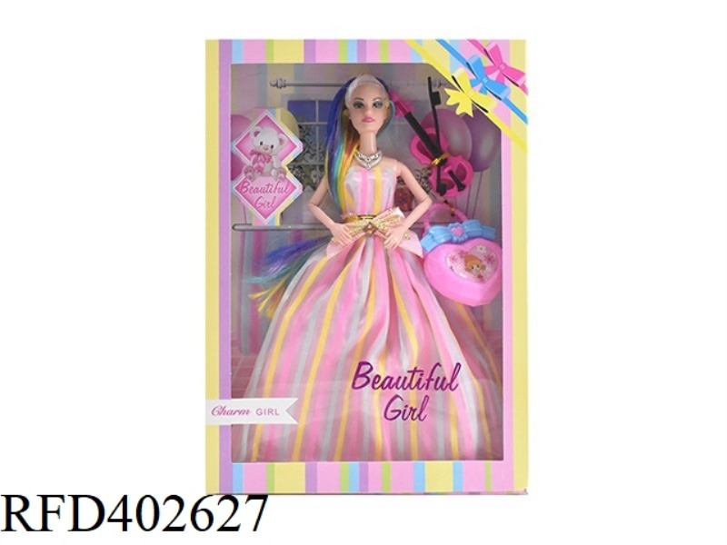 11.5-INCH SOLID BODY 9-JOINT WEDDING DRESS BARBIE WITH NECKLACE, GUITAR, HANDBAG ACCESSORIES