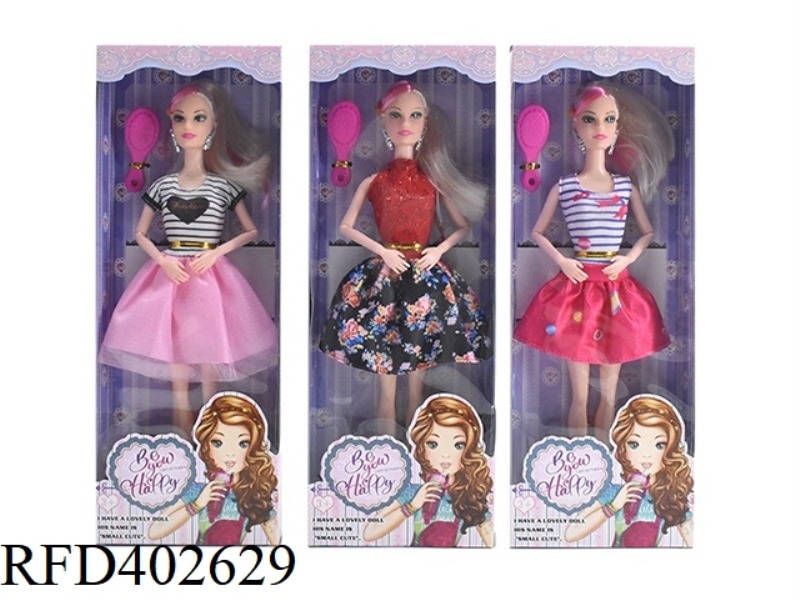 11.5 INCH SOLID BODY 9-JOINT FASHION SHORT SKIRT BARBIE WITH EARRINGS AND COMB 3 ASSORTED
