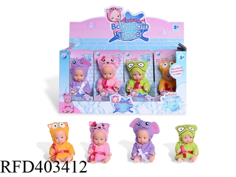4 INCH OPEN EYES BATHROBE DOLL 4 ASSORTED 16PCS