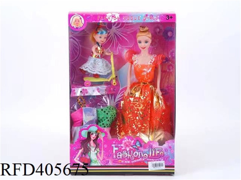 11.5 INCH MULTI-JOINT SOLID EVENING BARBIE DOLL WITH SMALL BARBIE/SCOOTER/CLOTHING