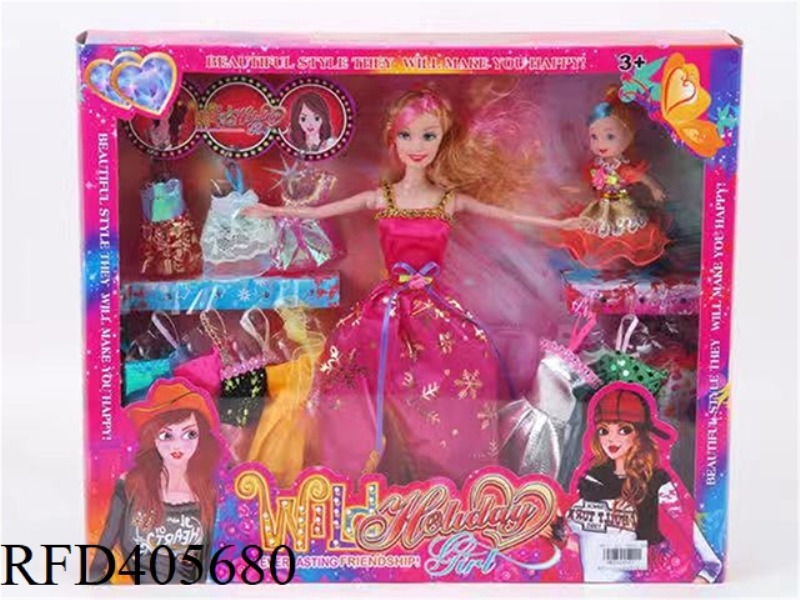 11.5 INCH MULTI-JOINT SOLID EVENING BARBIE DOLL COLOR BOX WITH LITTLE BARBIE/CLOTHING
