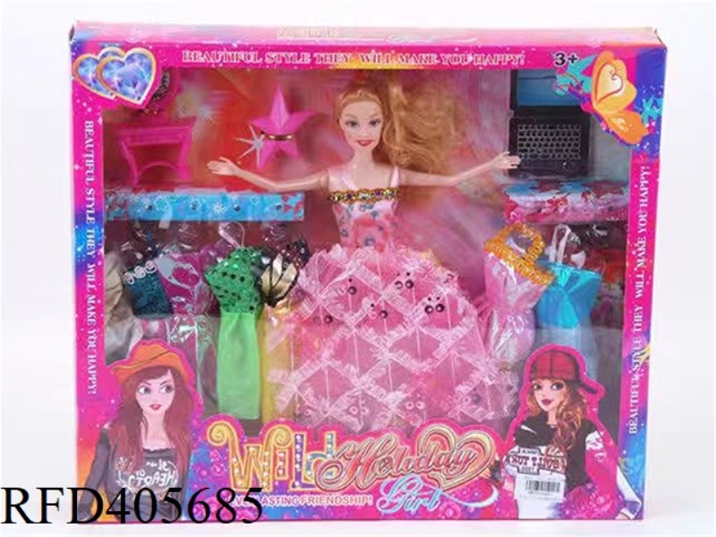 11.5 INCH MULTI-JOINT SOLID EVENING BARBIE DOLL COLOR BOX WITH DRESSING TABLE/STAR COMB/LAPTOP/CLOTH