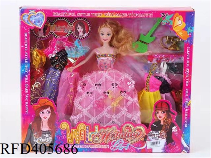 11.5 INCH MULTI-JOINT SOLID EVENING BARBIE DOLL COLOR BOX WITH GUITAR/TELEPHONE/CLOTHING