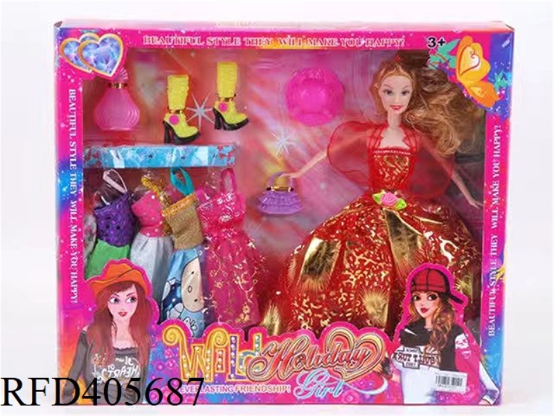 11.5-INCH MULTI-JOINT SOLID EVENING BARBIE DOLL COLOR BOX WITH PERFUME BOTTLE/BOOTS/HAT/HANDBAG/CLOT