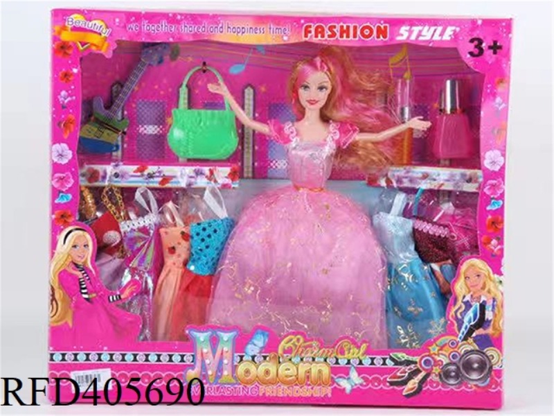 11.5-INCH MULTI-JOINT SOLID EVENING BARBIE DOLL COLOR BOX WITH GUITARIST/BAG/LIPSTICK/PERFUME/CLOTHI
