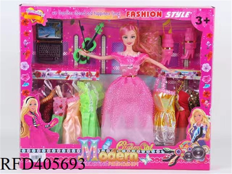 11.5-INCH MULTI-JOINT SOLID EVENING BARBIE DOLL COLOR BOX WITH LAPTOP/VIOLIN/BOOTS/CLOTHING