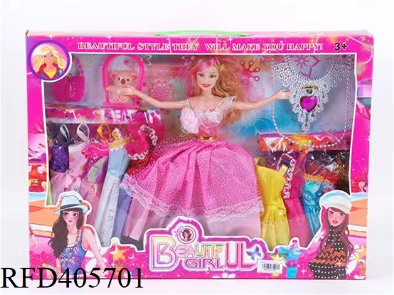 11.5 INCH MULTI-JOINT SOLID EVENING BARBIE DOLL COLOR BOX WITH BUTTERFLY BAG/SWING BEAR/JEWEL NECKLA