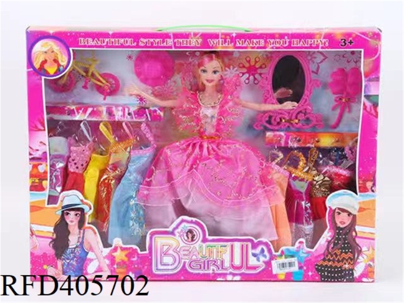 11.5-INCH MULTI-JOINT SOLID EVENING BARBIE DOLL COLOR BOX WITH BICYCLE/HAT/LARGE FULL-LENGTH MIRROR/
