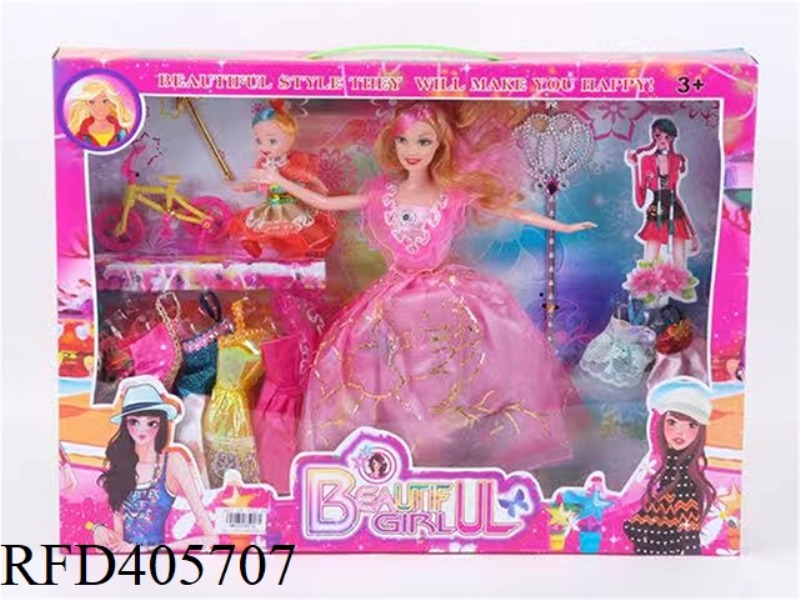 11.5 INCH MULTI-JOINT SOLID EVENING BARBIE DOLL COLOR BOX WITH BICYCLE/STAR STICK/LITTLE BARBIE/BIG
