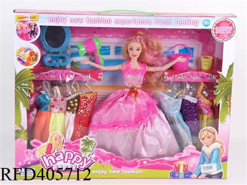 11.5-INCH MULTI-JOINT SOLID EVENING BARBIE DOLL COLOR BOX WITH MIRROR/HAIR DRYER/BEACH TOOLS/CLOTHIN