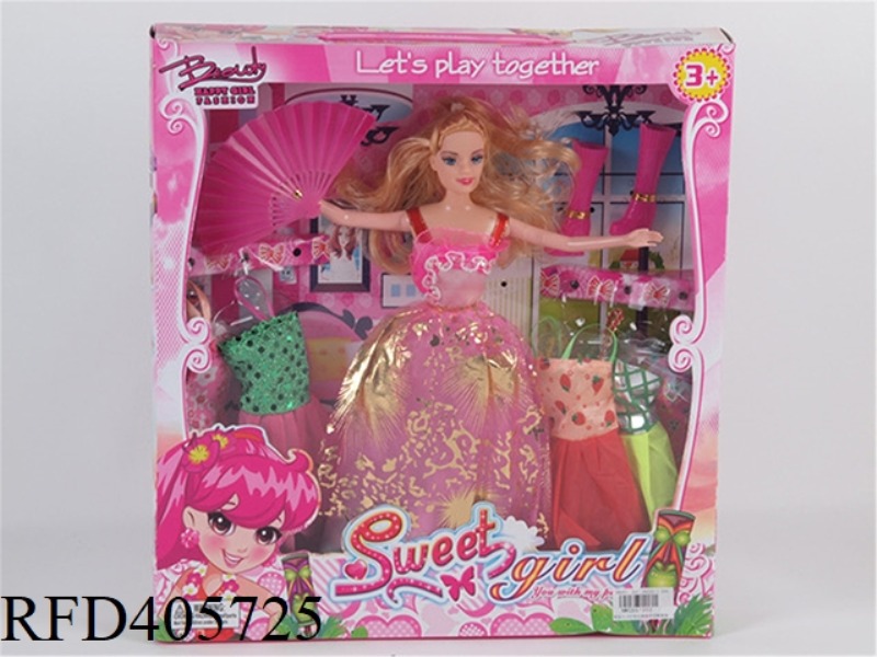 11.5-INCH MULTI-JOINT SOLID EVENING BARBIE DOLL COLOR BOX WITH CHINESE FAN/BOOTS/CLOTHING