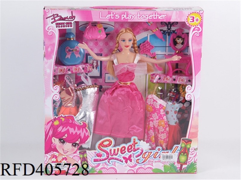 11.5-INCH MULTI-JOINT SOLID EVENING BARBIE DOLL COLOR BOX WITH PERFUME BOTTLE/BAG/PLUM COMB/HAIR DRY