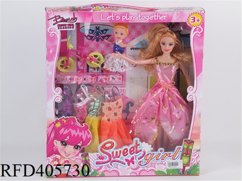 11.5 INCH MULTI-JOINT SOLID EVENING BARBIE DOLL COLOR BOX WITH BICYCLE/LITTLE BARBIE/CLOTHING