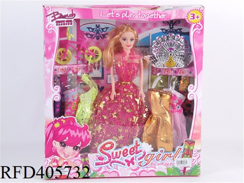 11.5 INCH MULTI-JOINT SOLID EVENING BARBIE DOLL COLOR BOX WITH BICYCLE/PEACOCK CROWN/CLOTHING