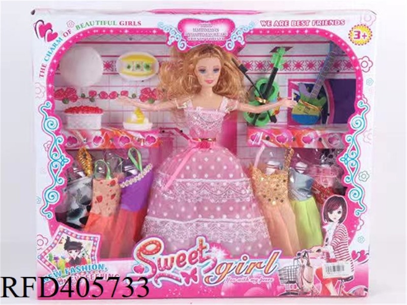 11.5 INCH MULTI-JOINT SOLID EVENING BARBIE DOLL COLOR BOX WITH CAKE SNACKS/VIOLIN/GUITAR/CLOTHING