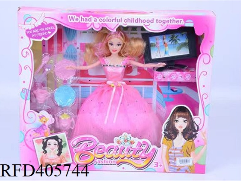 11.5-INCH MULTI-JOINT SOLID EVENING BARBIE DOLL COLOR BOX WITH TEA SET/TV/APPAREL