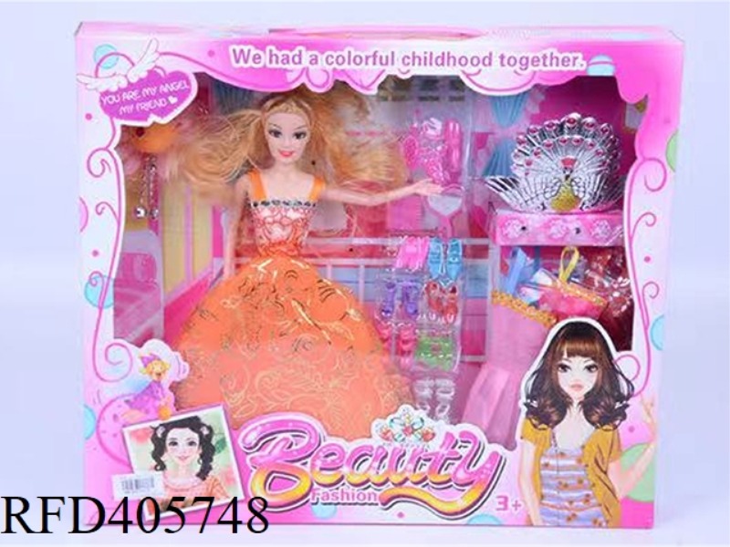 11.5 INCH MULTI-JOINT SOLID EVENING BARBIE DOLL COLOR BOX WITH HEAD FLOWER/HAIR DRYER/COMB MIRROR/SH